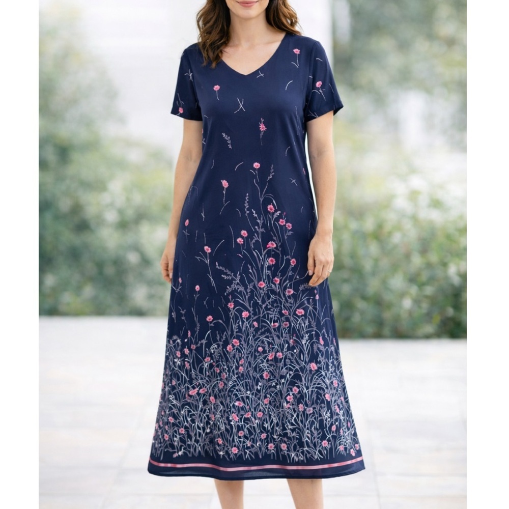 Donna Ricco Vintage Navy Blue Floral MIDI Dress NEW